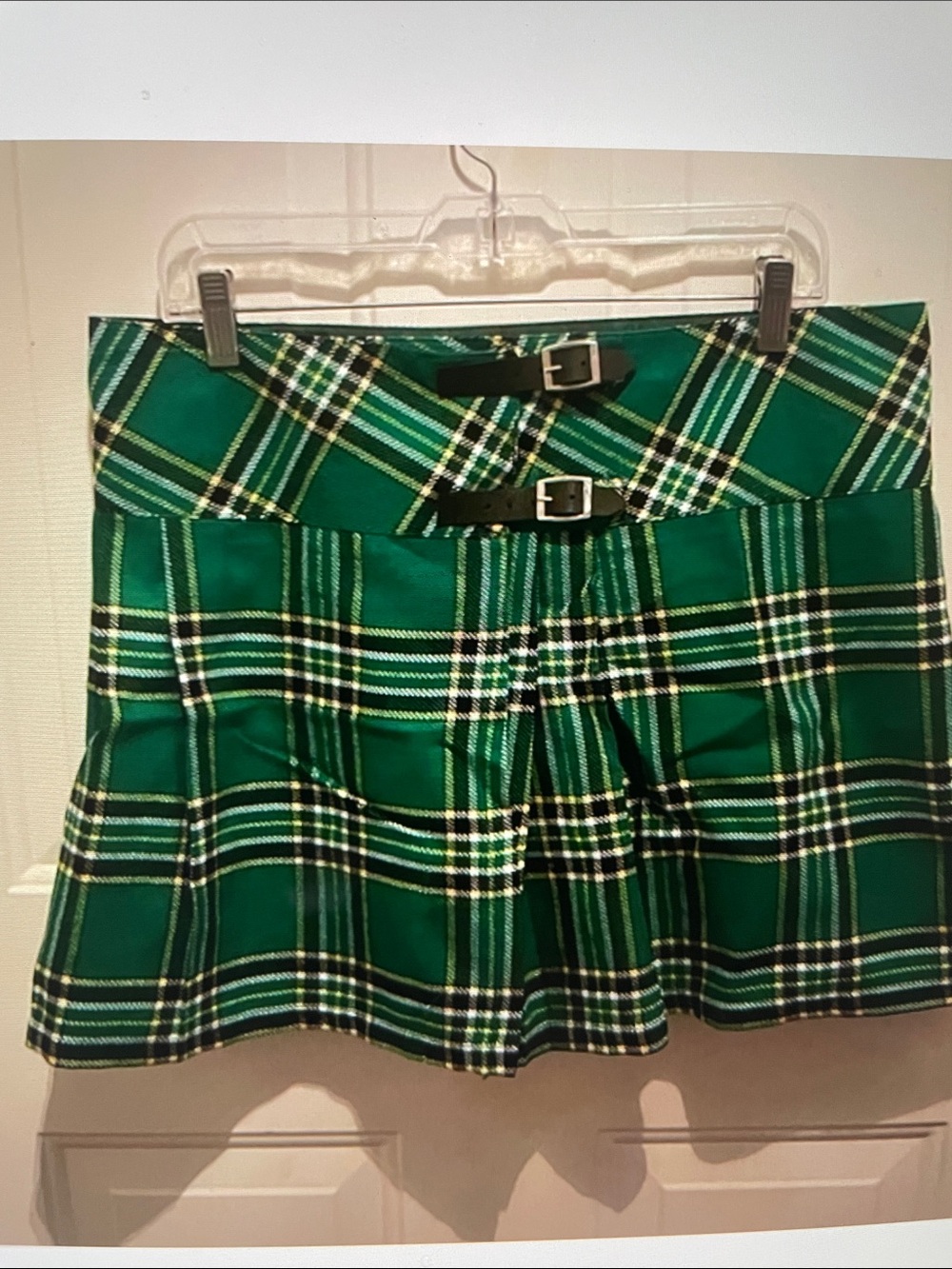 Green Plaid Mini Skirt with Buckle Detail